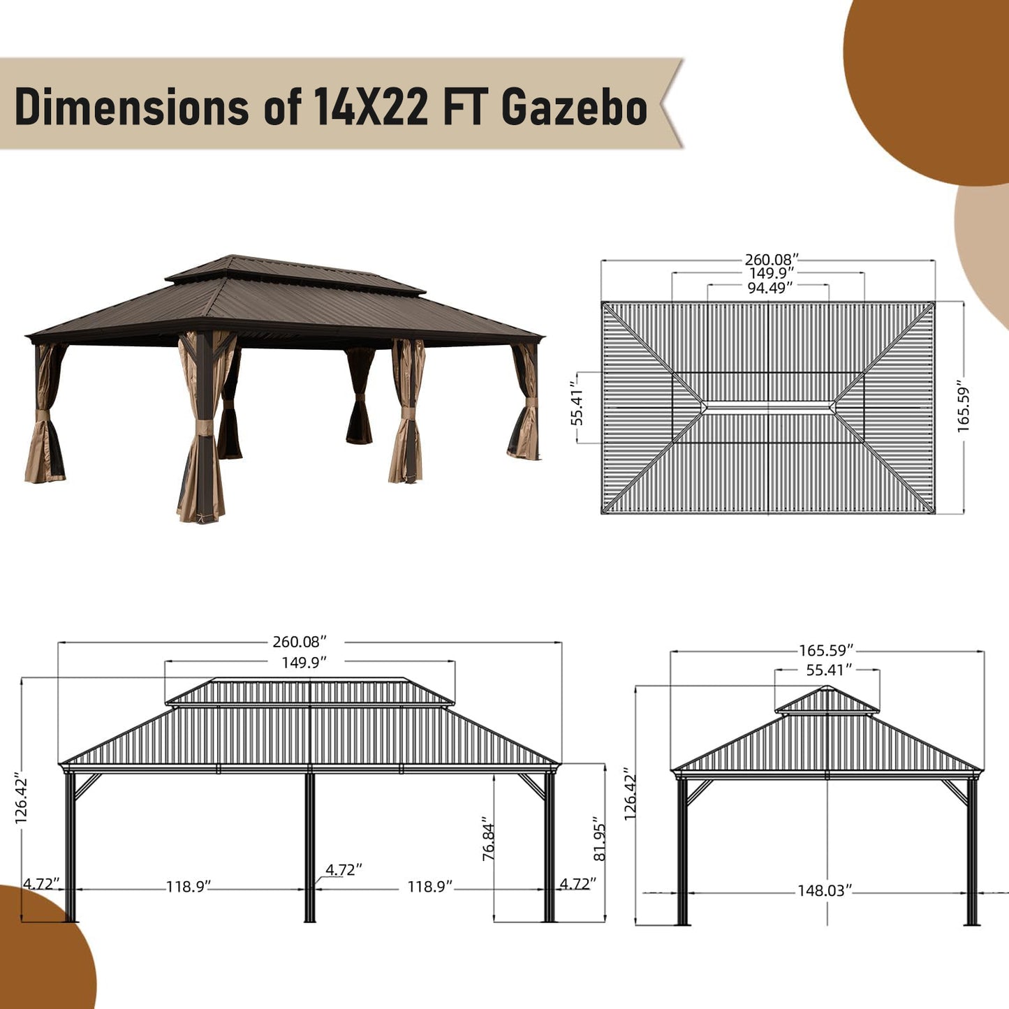 14x22FT Hardtop Gazebo, Outdoor Gazebo with Galvanized Steel Double Roof, Aluminum Frame, Built-in Gutter System, Curtain and Netting, Metal Gazebo Pavilion for Patio Deck Garden, Brown