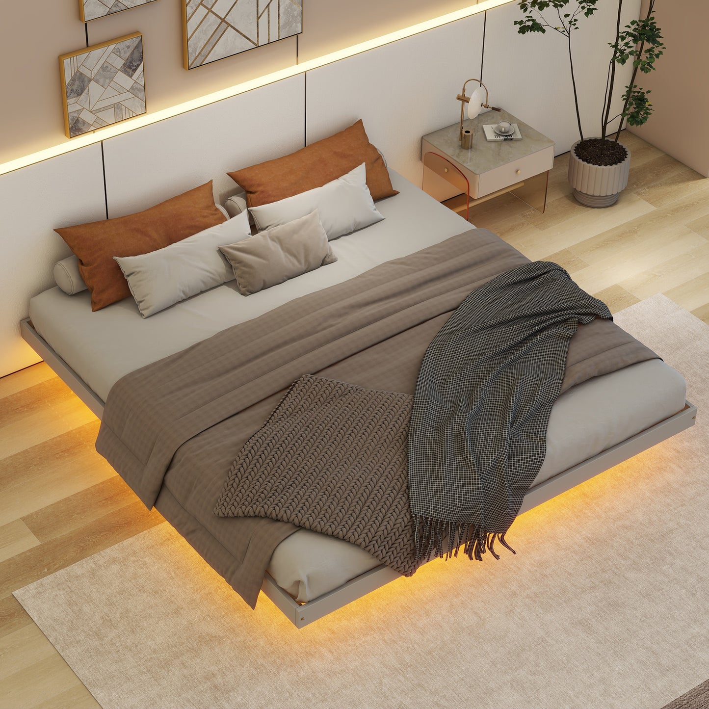 King Size Floating Bed with LED Lights Underneath,Modern King Size Low Profile Platform Bed with LED Lights,Grey