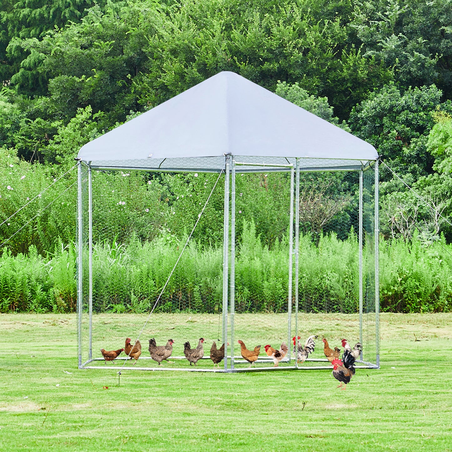 Large metal chicken coop hexagonal, steel wire dipped plastic mesh, oxford cloth silver plated waterproof and UV resistant, ducks, rabbits, sheep and birds outdoor house.(9.2*8.1ft)