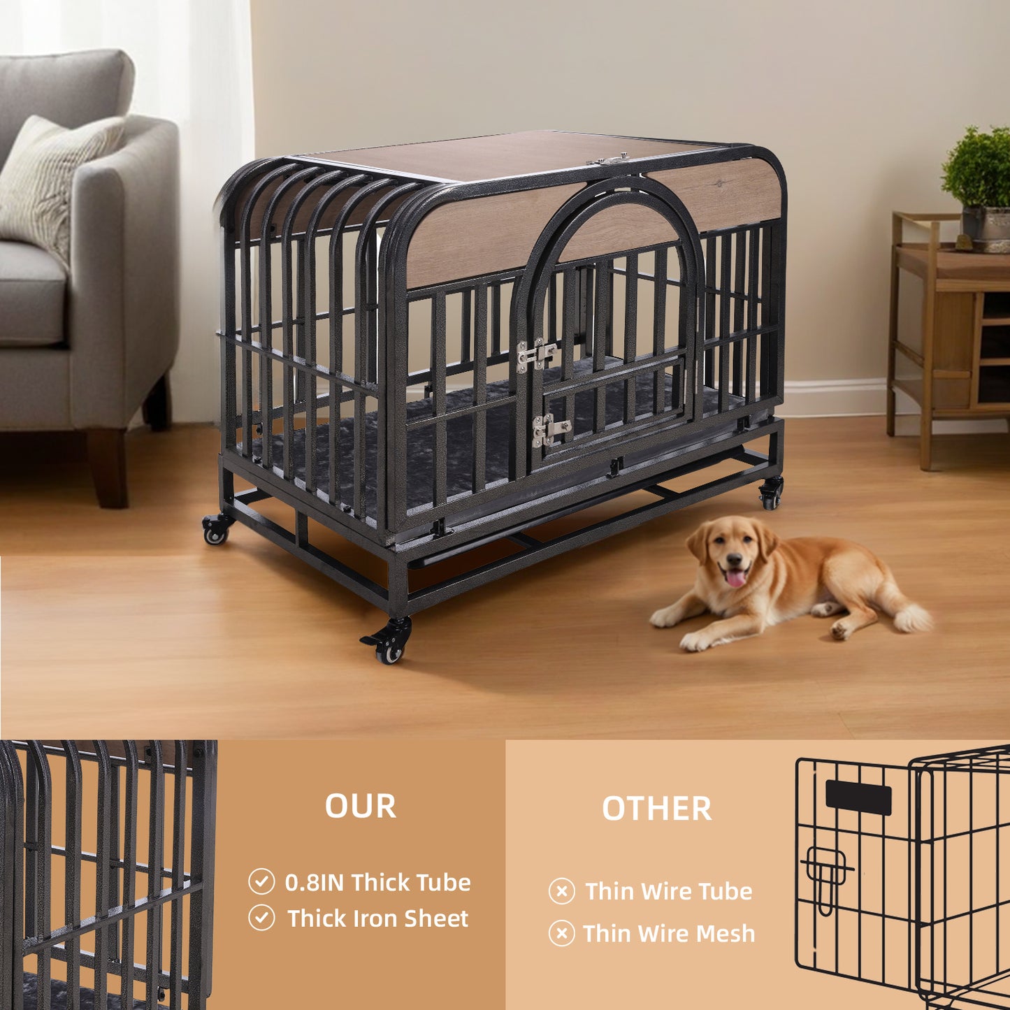 46in Heavy Duty Dog Crate, Furniture Style Dog Crate with Removable Trays and Wheels for High Anxiety Dogs