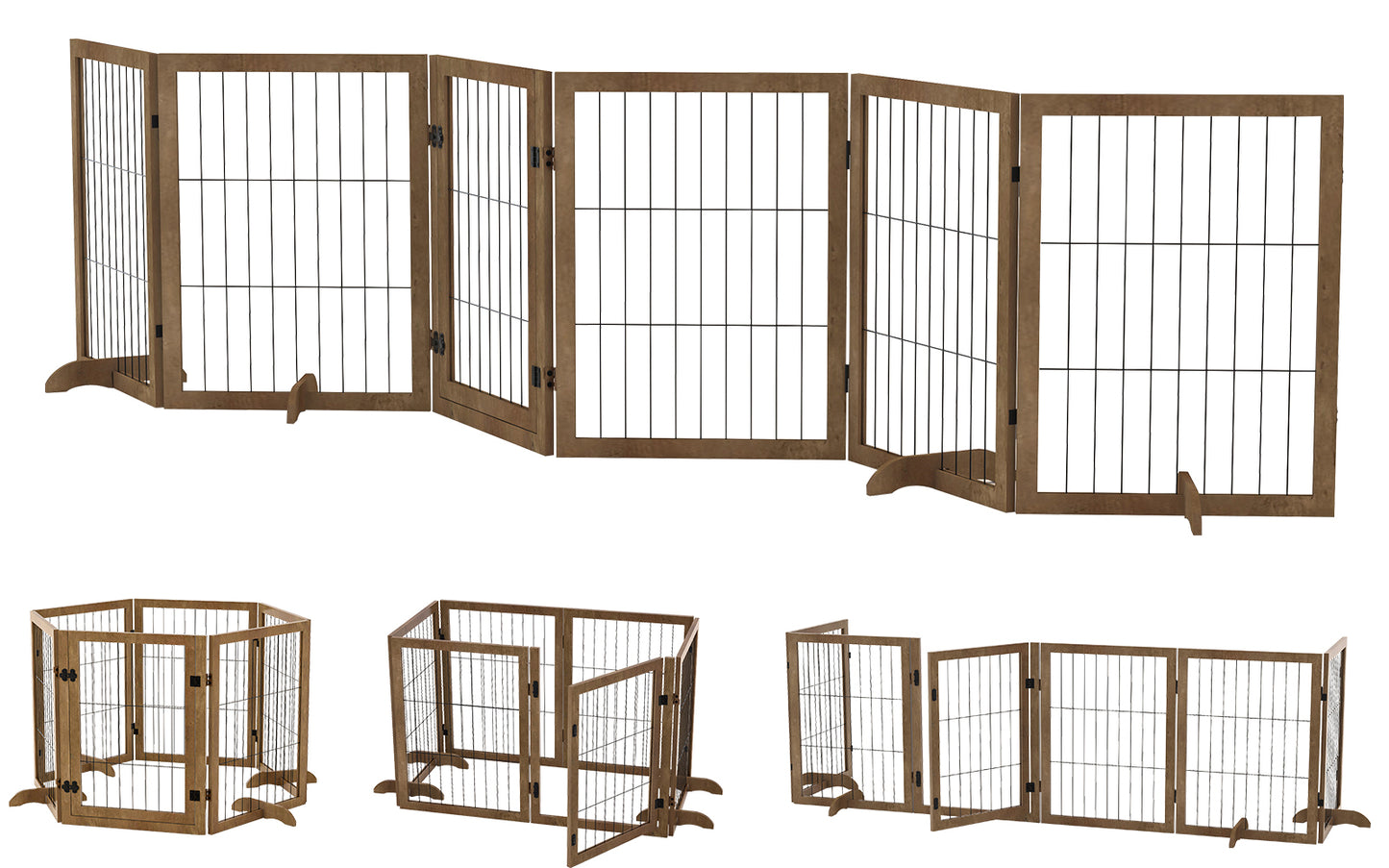 Dog Gate with Door Pet Dog Fence Barrier 6 Panels 144-inch Wide 32-inch Tall Foldable Multiple Shapes Freestanding with Support Feet Indoor Use for House Doorway Stairs Plant Stand