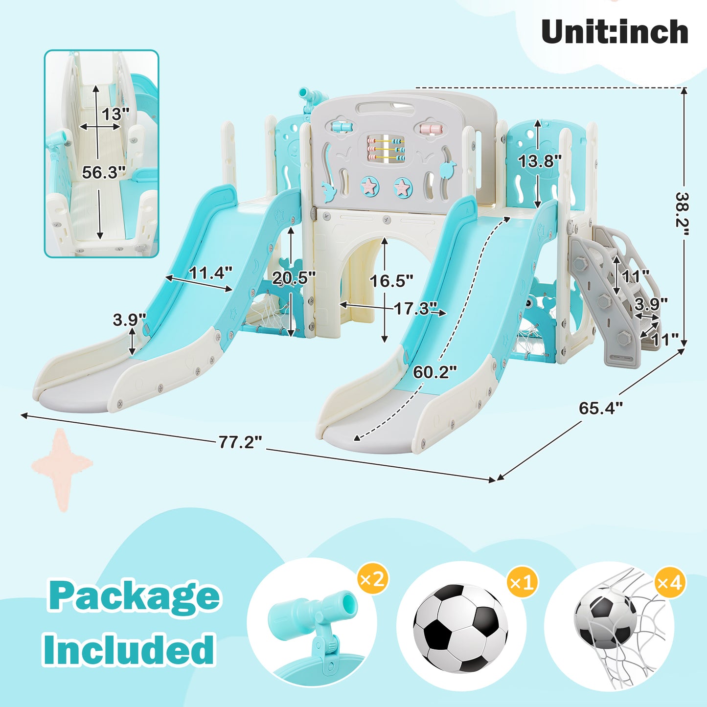 Kids Slide Playset Structure 8 in 1, Freestanding Ocean Themed Set with Slide, Arch Tunnel,Basketball Hoop and Telescope, Double Slides for Toddlers, Kids Climbers Playground