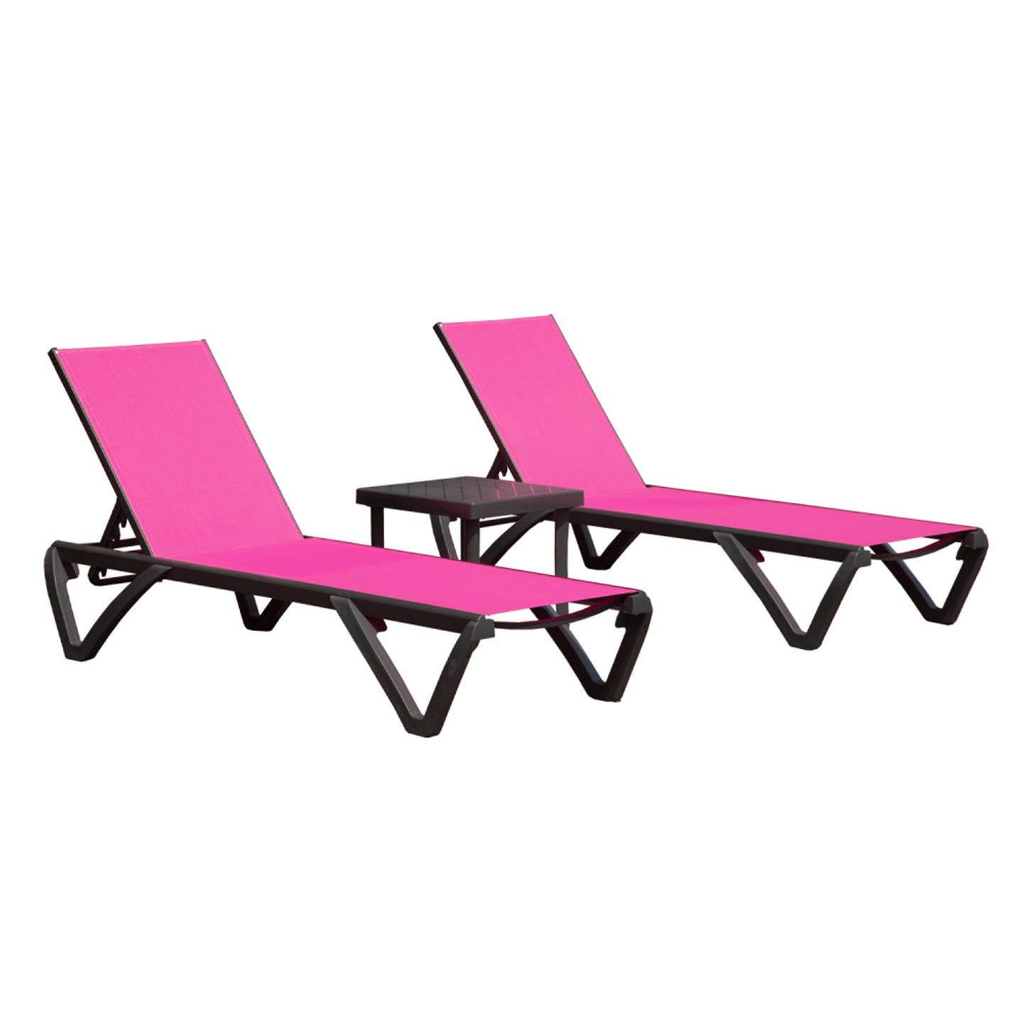 Outdoor Lounge Chair, Aluminum Plastic Patio Chaise Lounge with Side Table & 5 Position Adjustable Backrest & Wheels, All Weather Reclining Chair for Outside Beach Poolside Lawn, Rose Red