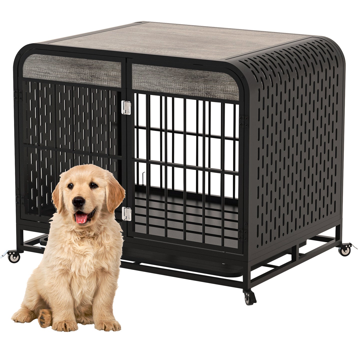 Heavy Duty Dog Crate Furniture Wooden Table Pet Dog Cage Kennel House Indoor Side End Table Decor with Removable Trays and Lockable Wheels for Small Dogs 33" Grey