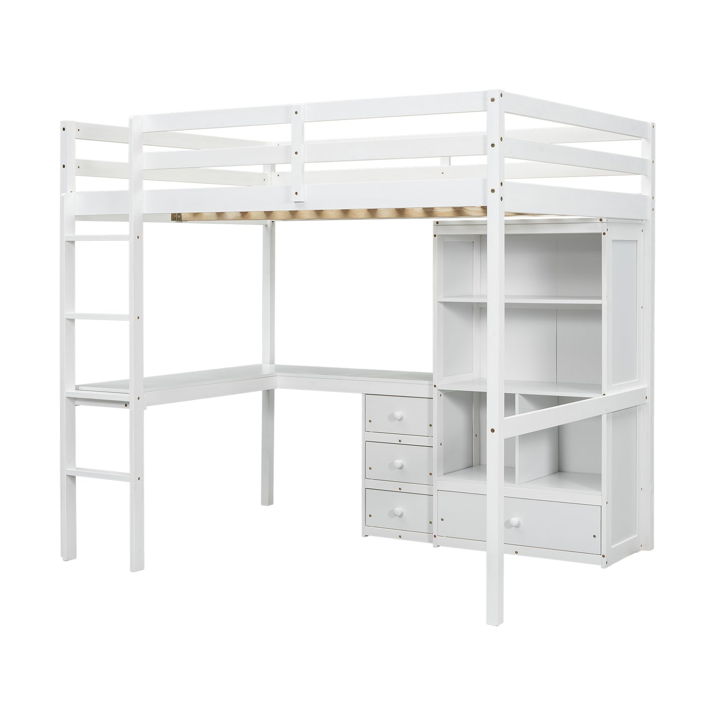 Full Size Loft Wood Bed with Desk, Storage shelves and Drawers, Built-in Ladder, High Loft Bed with Desk, Storage Shelves and Drawers,Guardrails,White