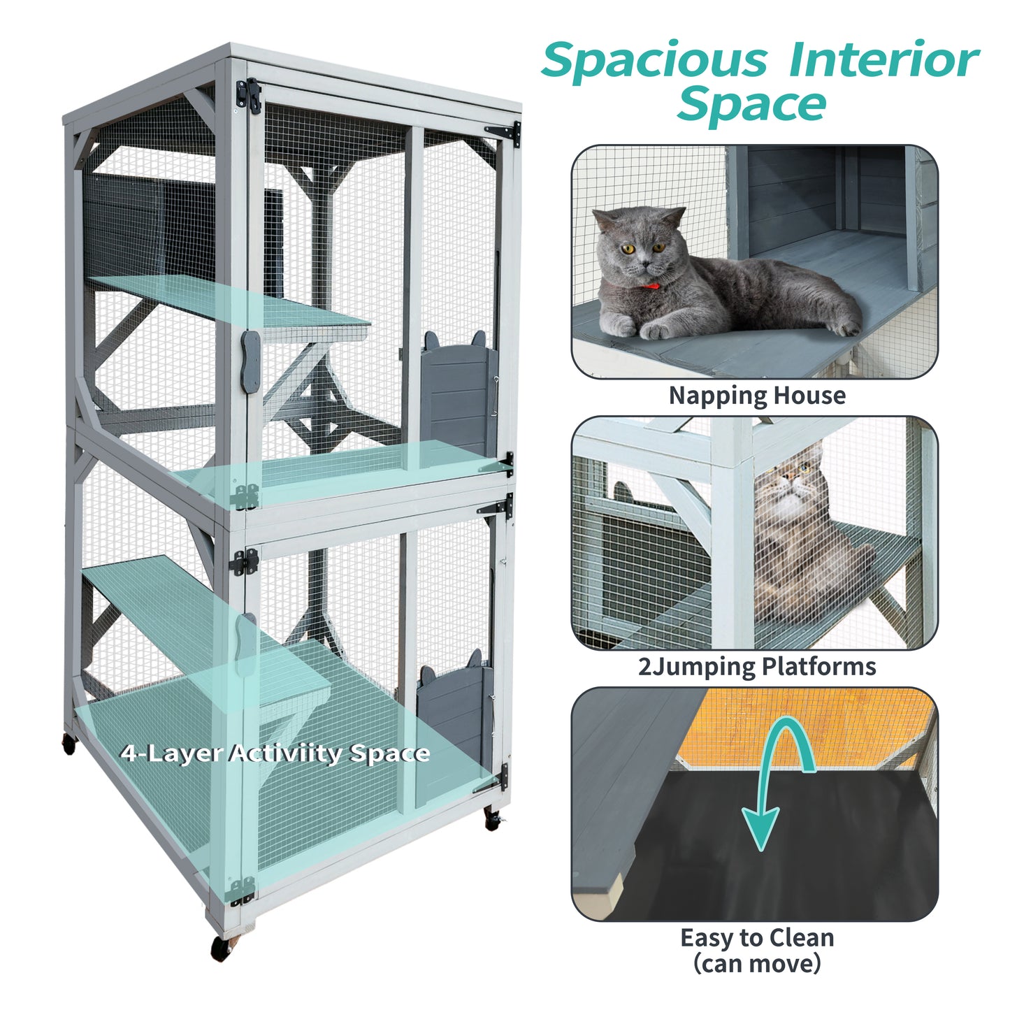 30.7"  Wooden Catio Outdoor Cat Enclosure, Luxury Cat House on Wheels with Napping House, 4 Platforms & Weatherproof Asphalt Roof, Large Kitty Cat Condo Cage Shelter Playpen with Sliding Doors