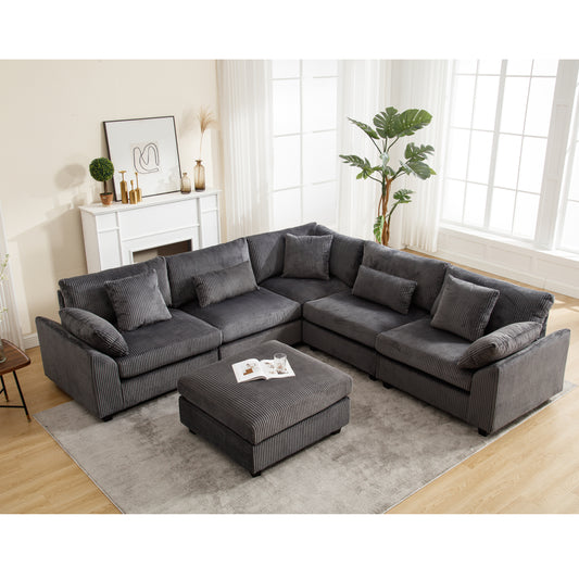 Oversized Modular Sectional Sofa Couches Set,Corduroy Upholstered Deep Seat Comfy Sofa for Living Room,Dark Gray