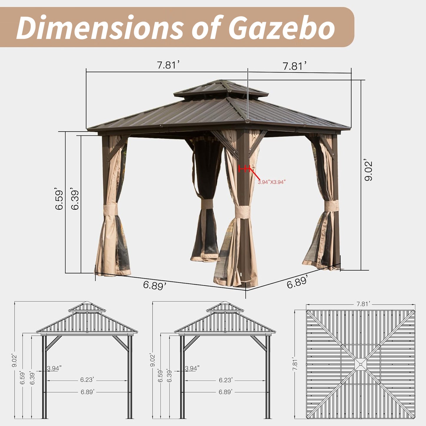 [SantaChoice] 8' X 8' Hardtop Gazebo, Aluminum Metal Gazebo with Galvanized Steel Double Roof Canopy, Curtain and Netting, Permanent Gazebo Pavilion for Patio, Backyard, Deck, Lawn,Brown