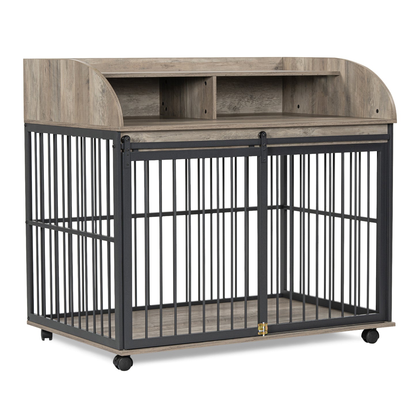 GO 44'' Heavy Duty Large Dog Crate Furniture for Large Medium Dog with Lockable Wheels, Wooden Dog Crate Dog Kennel, End Table Crate with Double layer storage, Gray