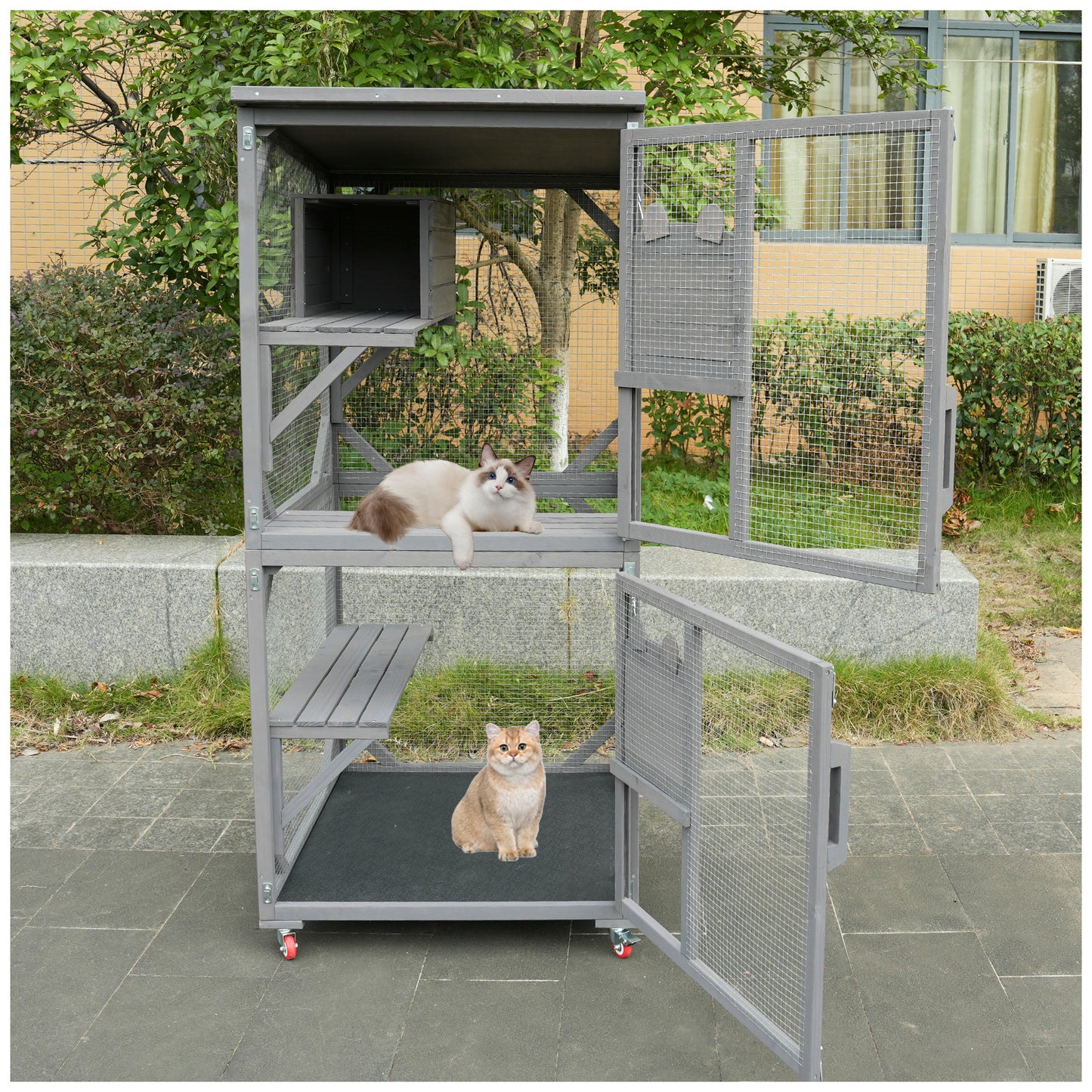 Catio Large Wooden Cat House Outdoor Indoor Cat Enclosures On Wheels, Wooden Kitty House Shelter Outside with Resting Box, Waterproof Roof (Grey, 31.5" D x 36.6" W x 71" H)