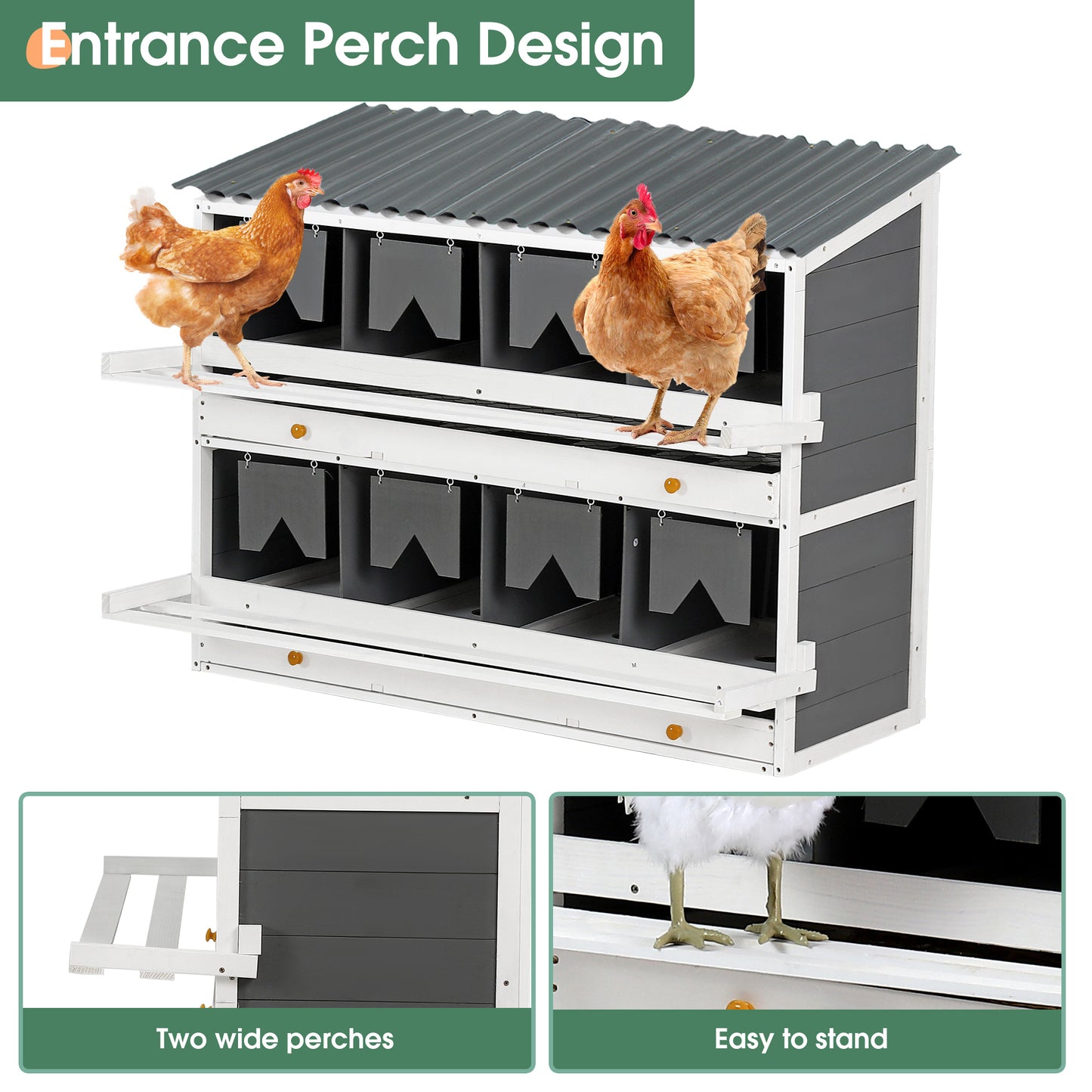 Nesting Boxes for Chickens, Wooden Chicken Nesting Box, 8 Compartments Egg Laying Boxes for Hens, Ducks and Poultry with Rollout Eggs Collection, PVC Roofing and Foldable Perches, 47"Lx26.4"Wx35.4"H