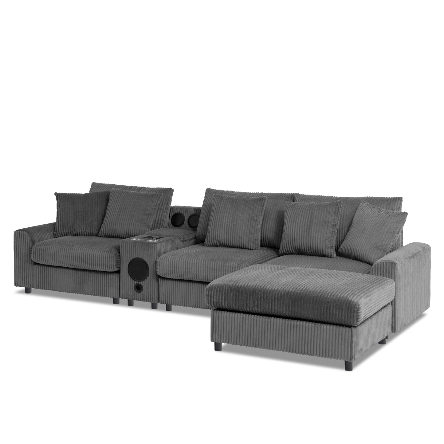 [SantaChoice] 114*64'' Corduroy Sectional Sofa with Bluetooth Speakers,L Shaped Couch with Console,USB Charger,Cup Holders,Storage,Ottoman,Deep and Wide Seat Cloud Sofa for Living Room,Apartment,2 Colors