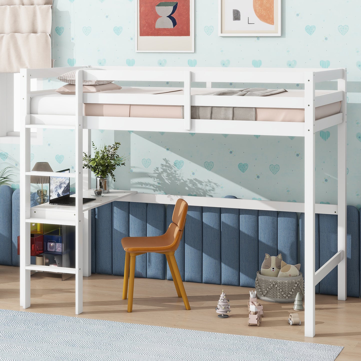 Twin High Loft Bed, Rubber Wood  Loft Bed with Safety Guardrail, built-in desk, ladder,White