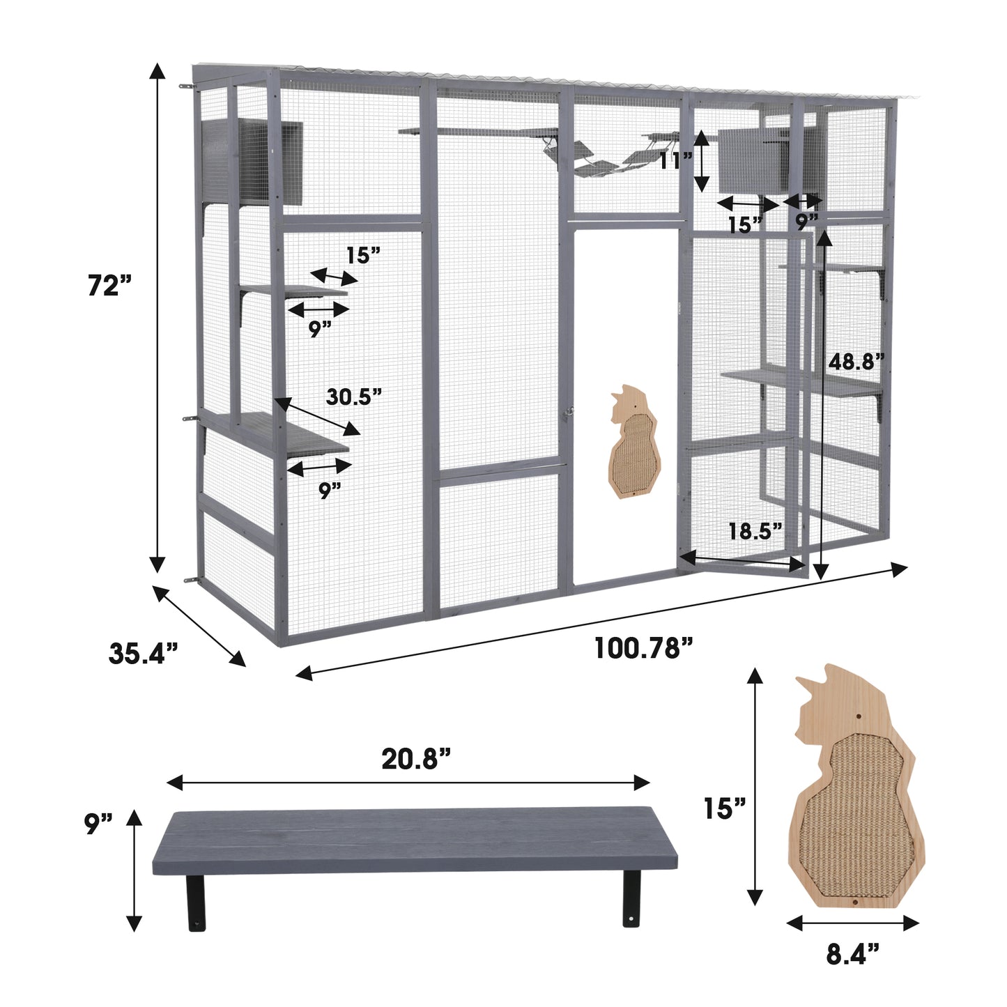 Wooden Cat Enclosure with 6 Jumping Platforms, 2 Cat Condos, Cat Bridge and Scratching Board, Gray