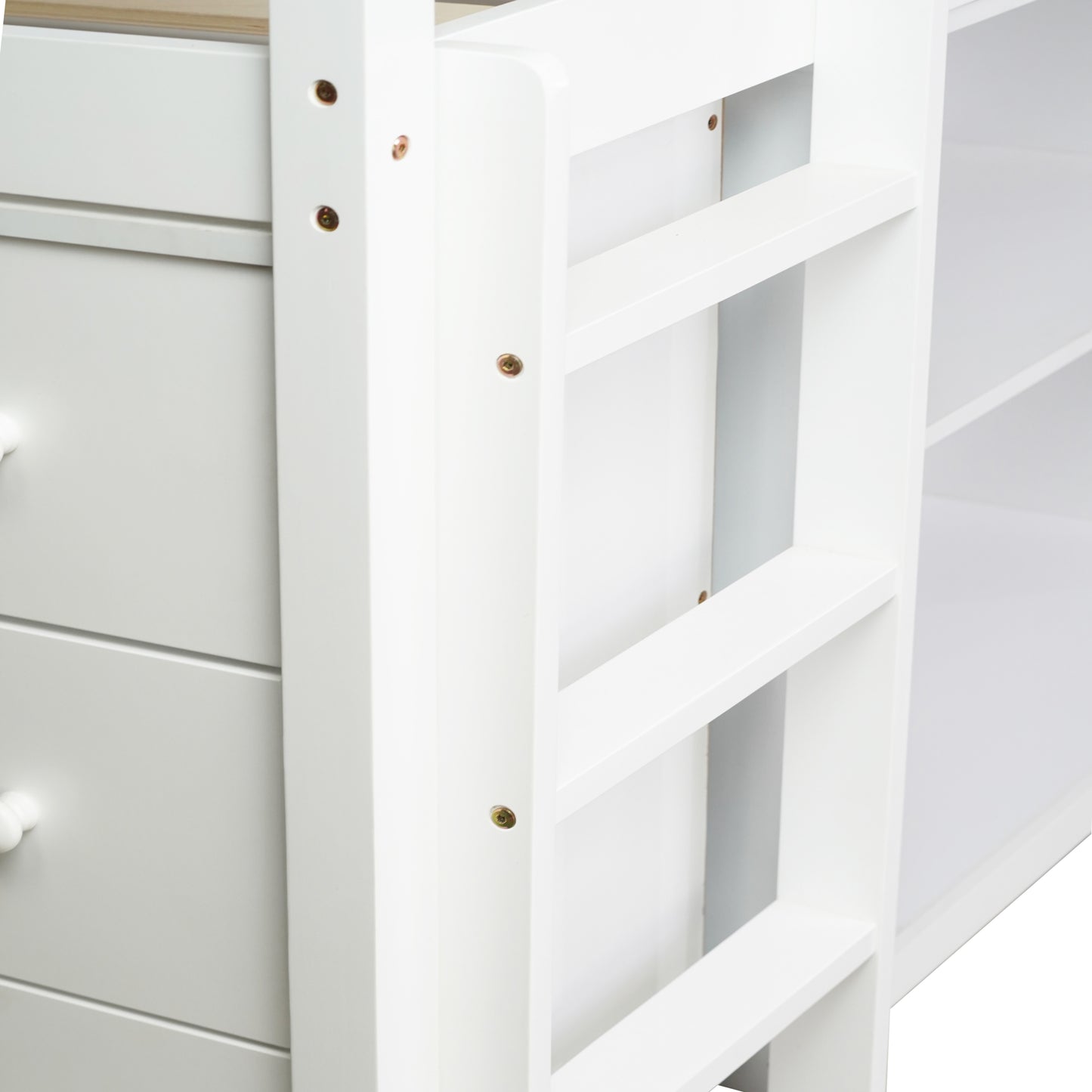 Twin Loft Bed w. stroage case ,drawers,Twin Loft Bed with ,Drawer Cabinet, Shelf Cabinet and Pulling -Out Desk,Rubber Wood Loft Bed with Safety Guardrail ,Ladder,White