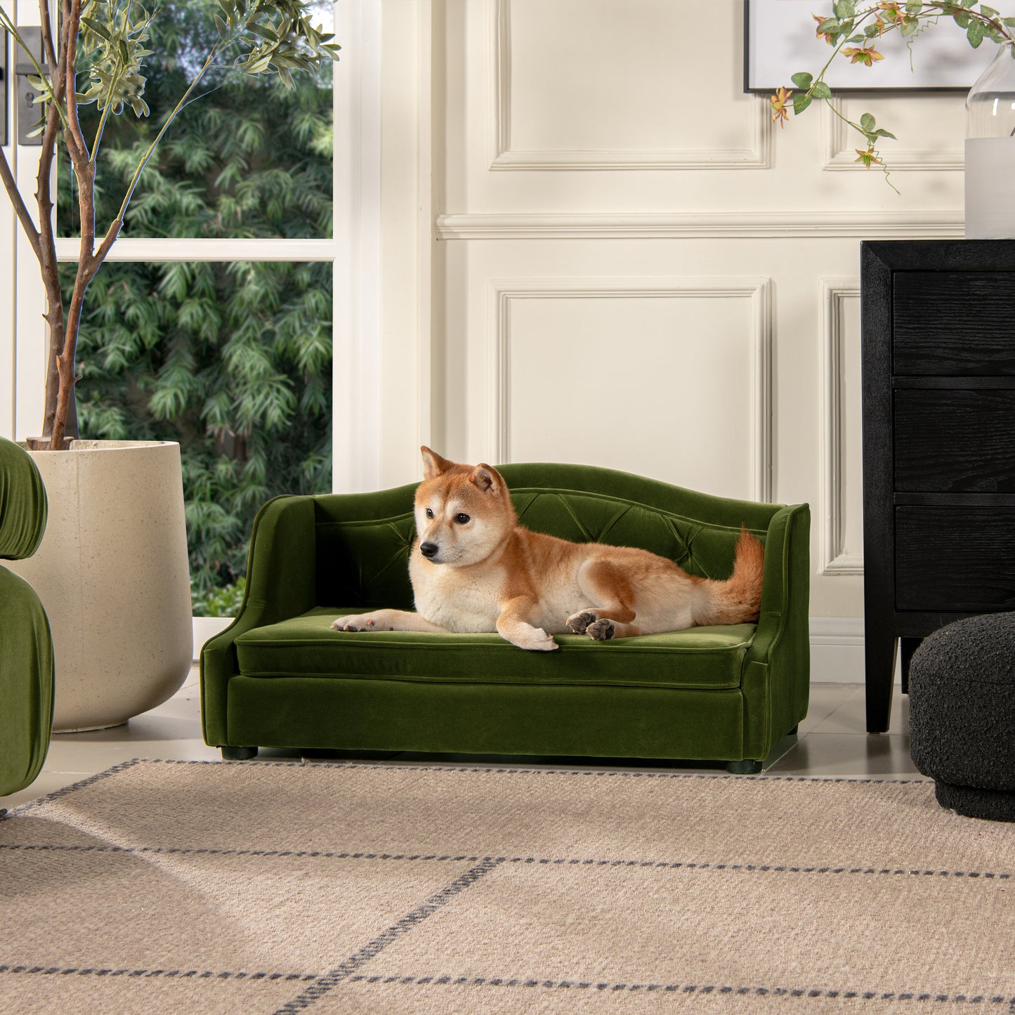 Robin 35" Tufted Wingback Pet Sofa Bed, Medium, Olive Green Performance Velvet