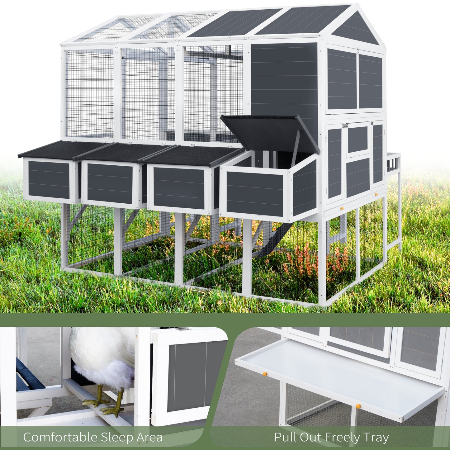 Chicken Coop with Chicken Run, Chicken Coops for 10 Chickens Outdoor with Nesting Boxes , Wooden Walk-in Chicken House with Pull Out Trays , Garden Backyard Cage (95''X80''X83'')