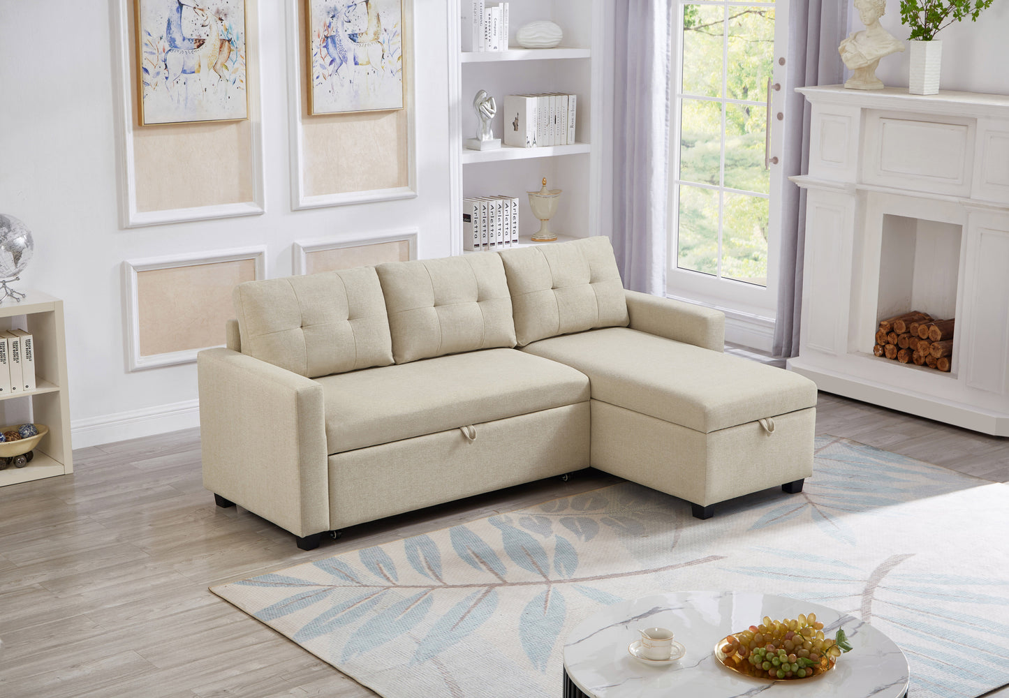 [SantaChoice] Upholstered Pull Out Sectional Sofa with Storage Chaise, Convertible Corner Couch, Beige