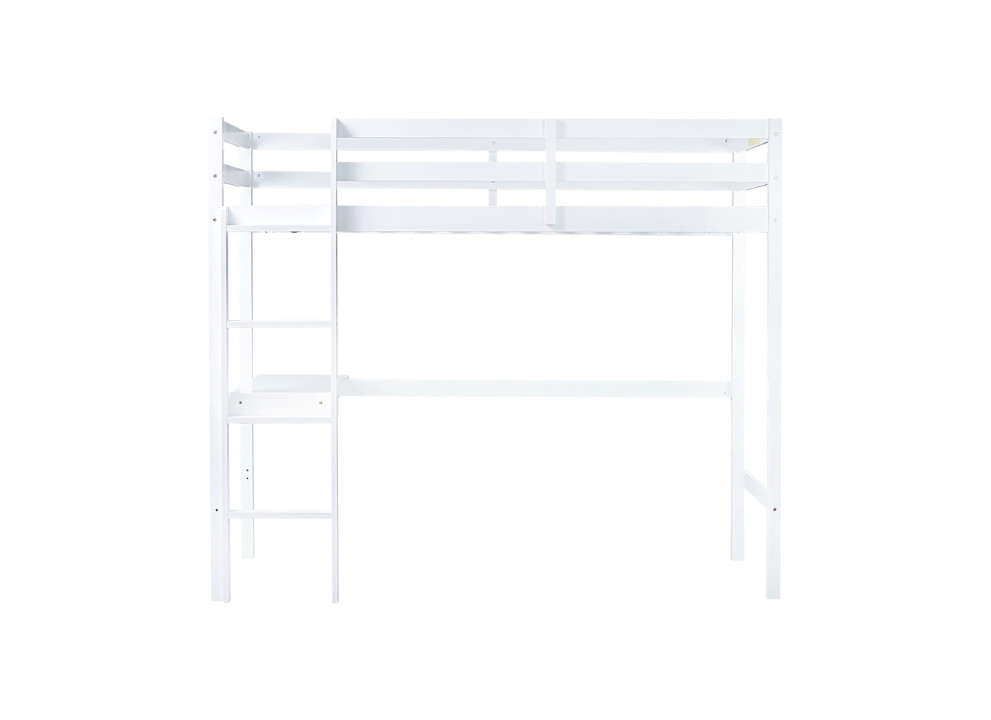 Twin High Loft Bed, Rubber Wood  Loft Bed with Safety Guardrail, built-in desk, ladder,White