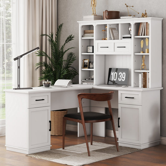 L-shaped computer desk with 2 cabinets and 2 drawers underneath the table, 11 open shelves and a flip-up shelf with storage on the right side, suitable for study, living room and office, White