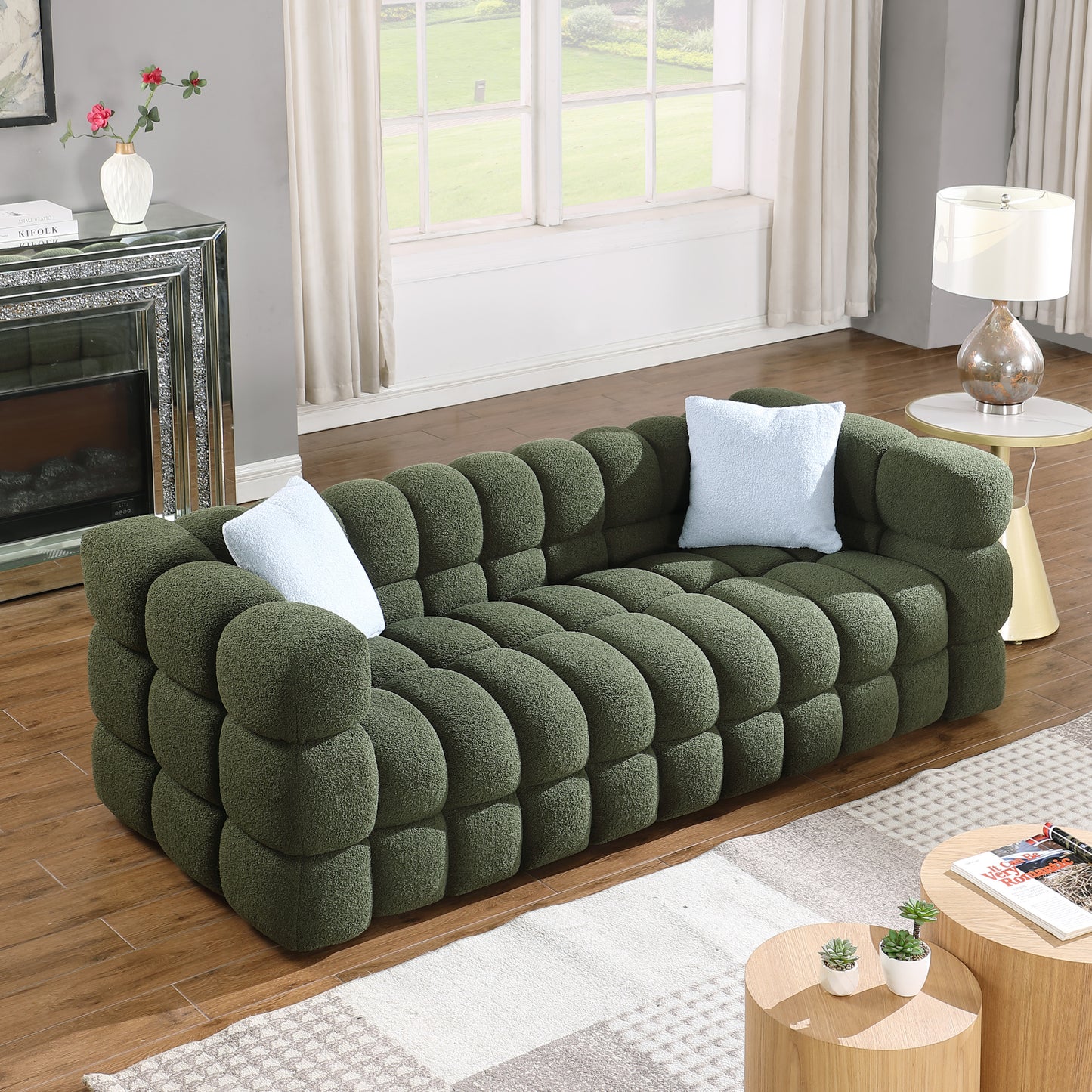 84.3 length ,35.83" deepth ,human body structure for USA people,  marshmallow sofa,boucle sofa ,3 seater, OLIVE GREEN BOUCLE