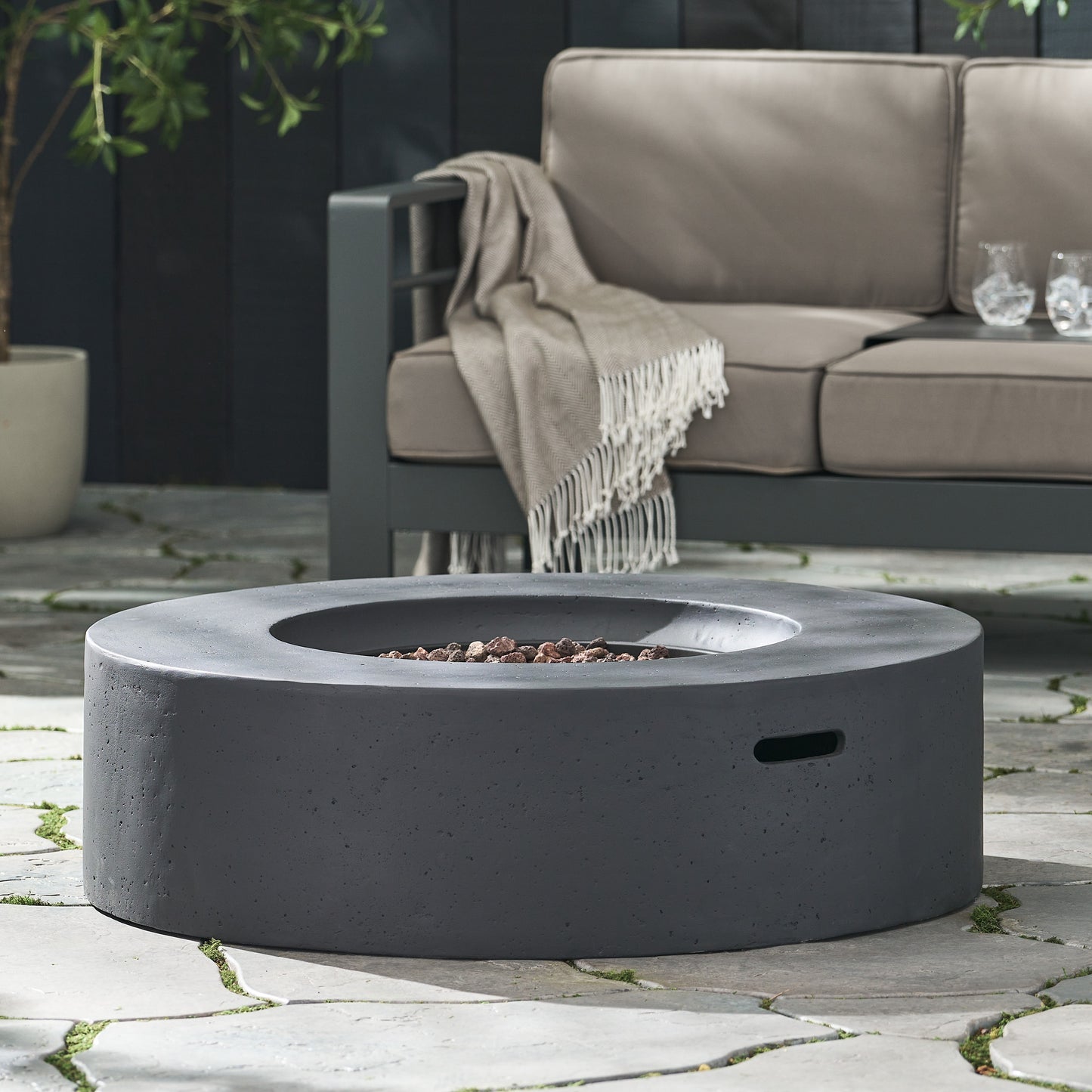 Lightweight Concrete Outdoor Circular Fire Pit, Dark Gray 50,000 BTU (Tank Cover not Included)