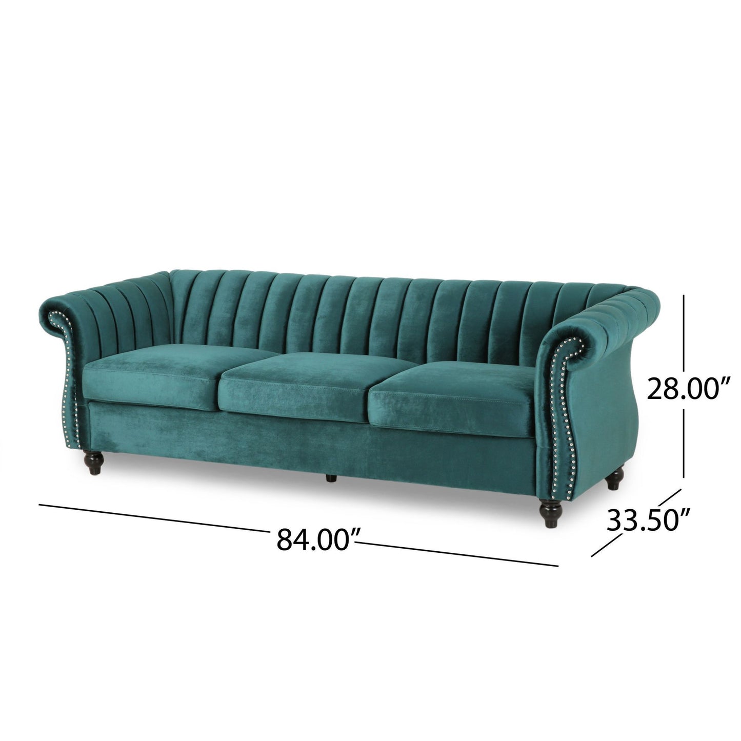 84-Inch Teal 3-Seater Velvet Sofa – Button Tufted with Nailhead Trim, Curved Backrest, and Rolled Arms, Stylish and Elegant Couch for Modern Living Rooms, Durable Upholstery, Luxury Design