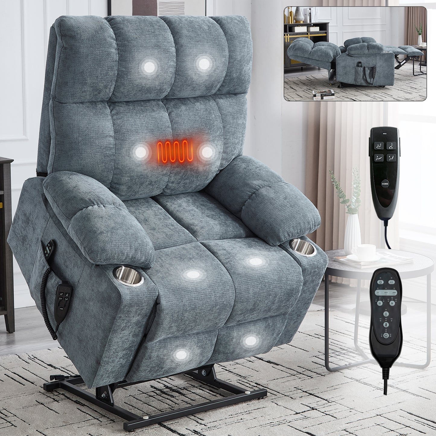 Grey Blue Dual Motor Infinite Position Up to 350 LBS Chenille Power Lift Recliner Chair, Heavy Duty Motion Mechanism with 8-Point Vibration Massage and Lumbar Heating, Dual Cup Holders