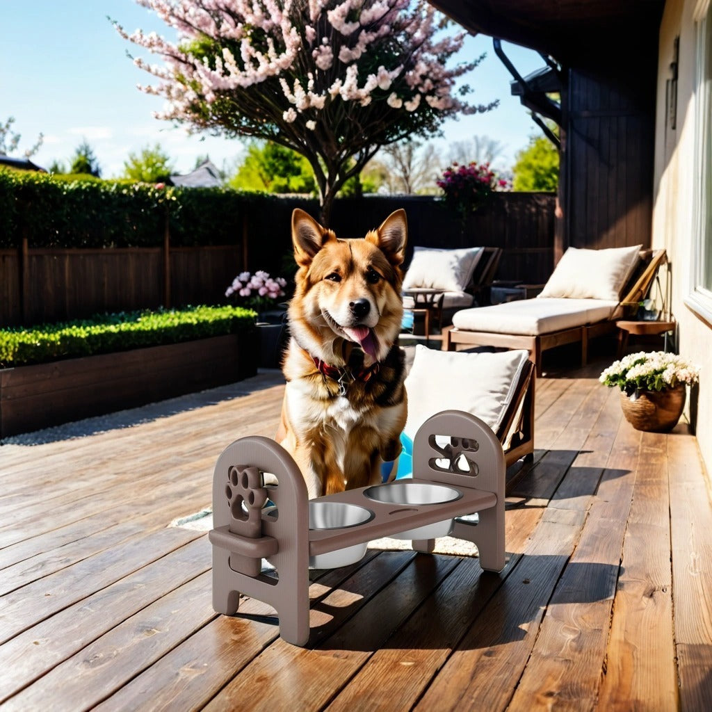 Brown Adjustable Pet Bowl Travel Ready HDPE Durable Poly Lumber Recycled