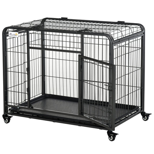 PawHut Folding Design Heavy Duty Metal Dog Cage Crate & Kennel with Removable Tray and Cover, & 4 Locking Wheels, Indoor/Outdoor 37"