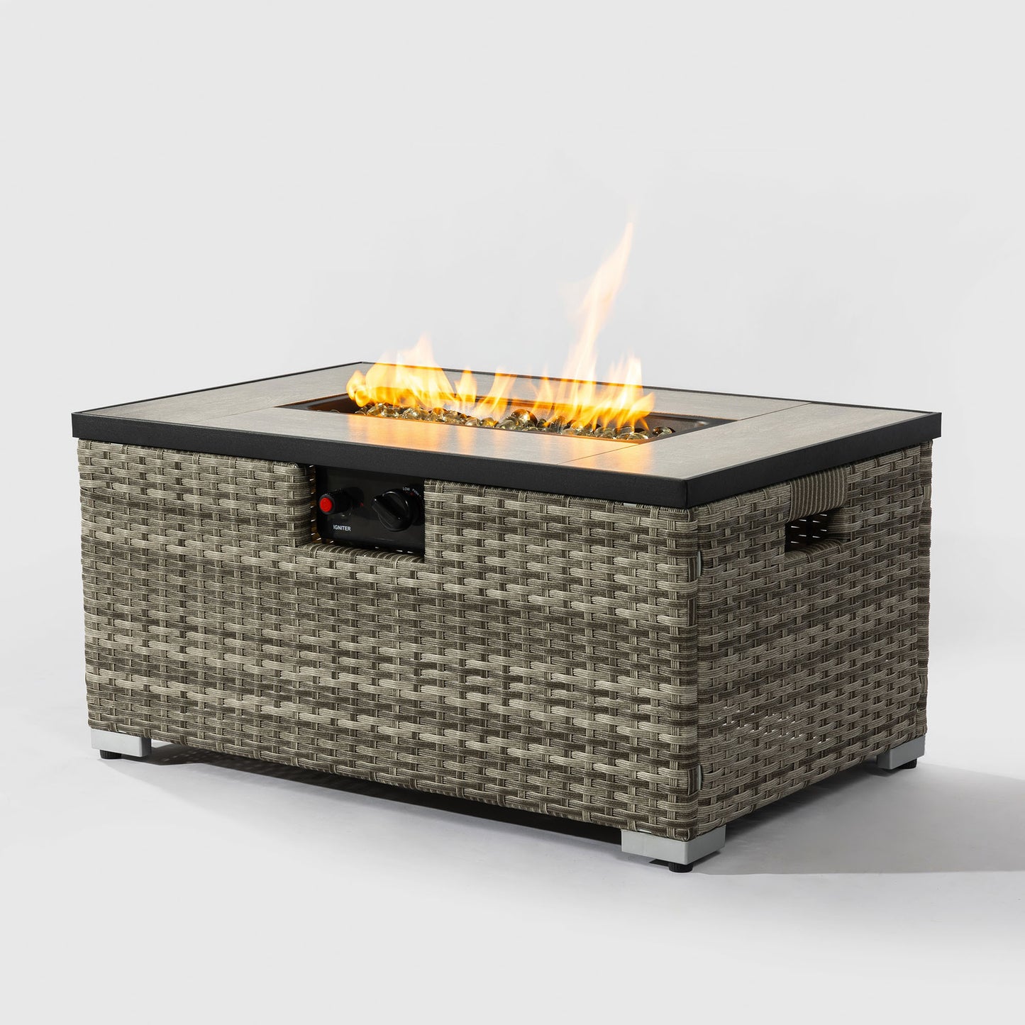 Beige Rattan Fire Pit Table with Tank Holder and Ceramic Tile Tabletop