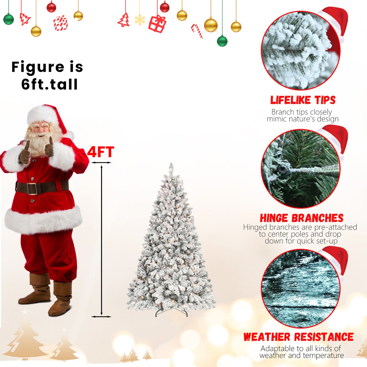 6FT Snow-Flocked Artificial Christmas Tree with Pine Cones, Prelit Xmas Trees, Hinged Easy Assembly & Reinforced Metal Base - Ideal for Indoor & Outdoor Festive Decorations