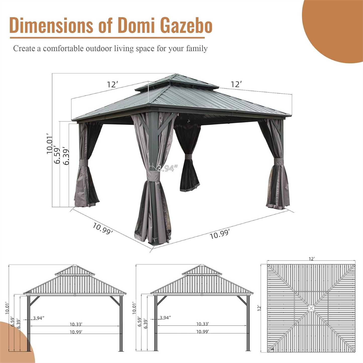 [SantaChoice] 12' X 12' Hardtop Gazebo, Aluminum Metal Gazebo with Galvanized Steel Double Roof Canopy, Curtain and Netting, Permanent Gazebo Pavilion for Patio, Backyard, Deck, Lawn