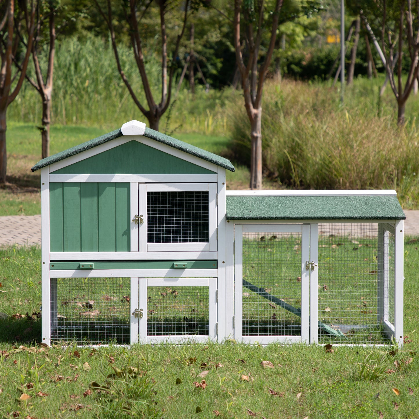 Large Wooden Rabbit Hutch Indoor and Outdoor Bunny Cage with a Removable Tray and a Waterproof Roof, Grey Green+White