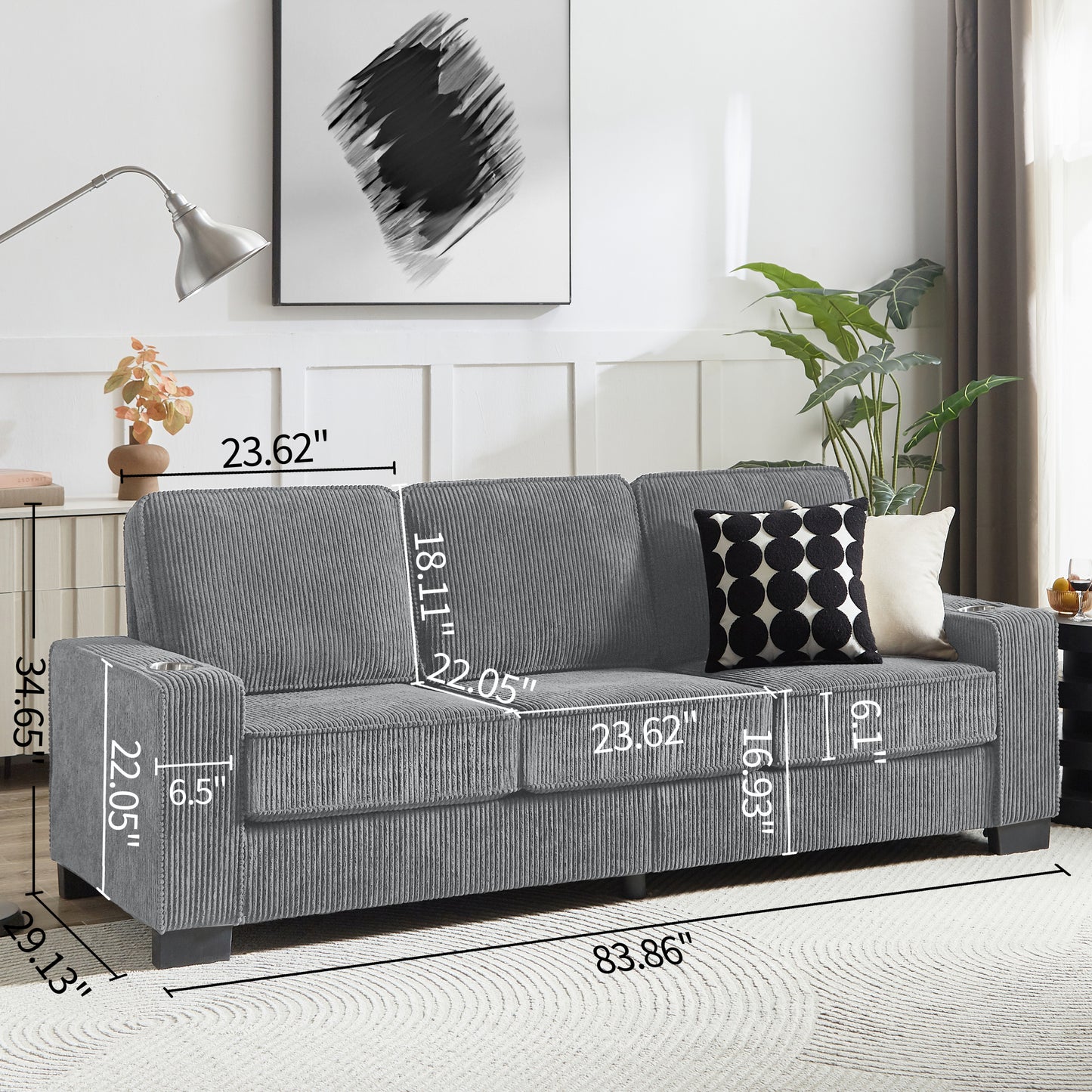 83.86" Corduroy Fabric sofa,Modern Compressed Couch,3-Seater Sofa, Furniture for Living Room,Bedroom,office ,Gray