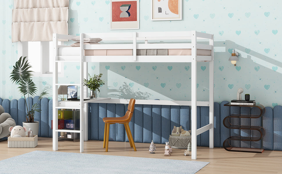 Twin High Loft Bed, Rubber Wood  Loft Bed with Safety Guardrail, built-in desk, ladder,White