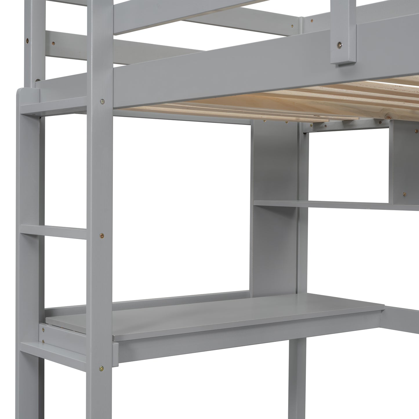 [SantaChoice] Twin Size Loft Bed with desk and shelves, Safety Guardrail and ladder,Grey