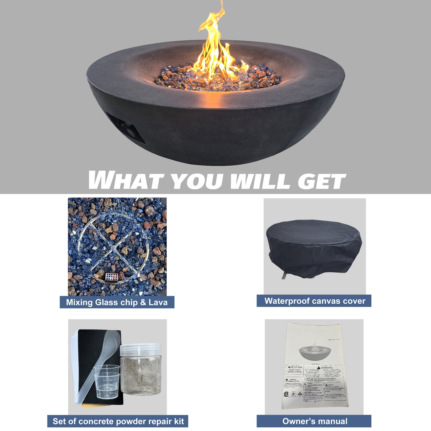 42 Inch Outdoor Concrete Propane gas Fire Pit bowl in Dark Gray color