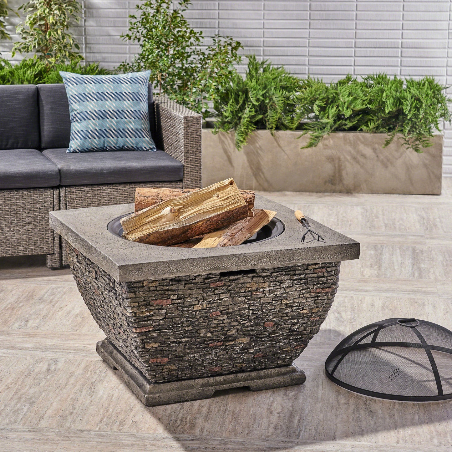 32"  MgO Light-Weight Concrete Wood Burning Square Fire Pit, Grey