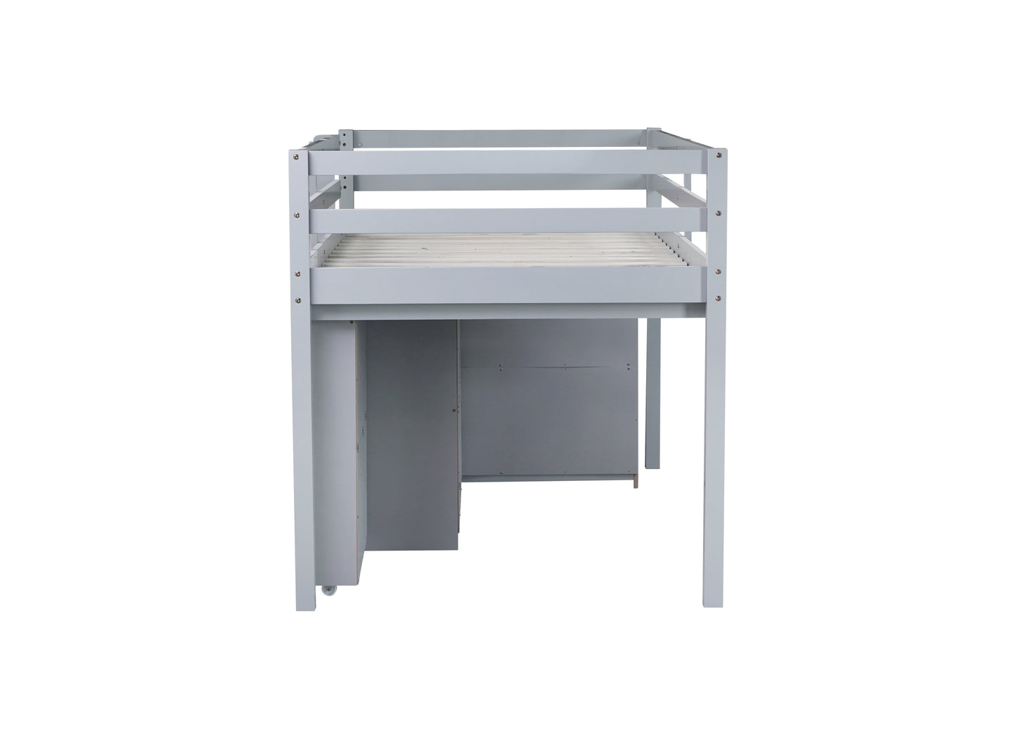 Twin Loft Bed with ,Drawer Cabinet, Shelf Cabinet and Pulling -Out Desk,Rubber Wood Loft Bed with Safety Guardrail ,Ladder,Grey