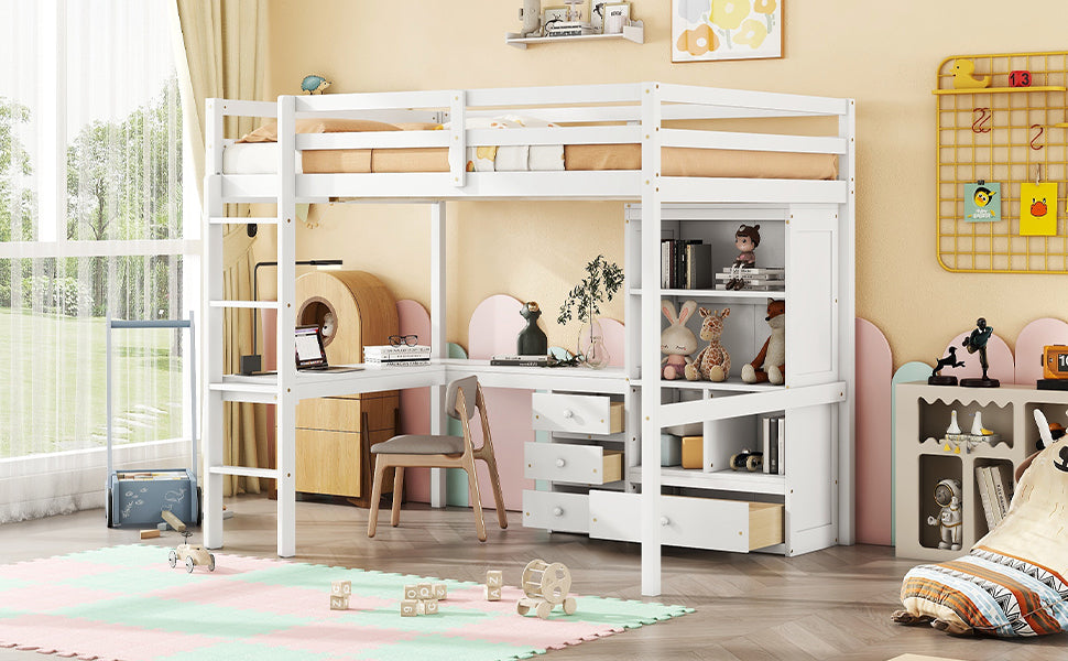 Full Size Loft Wood Bed with Desk, Storage shelves and Drawers, Built-in Ladder, High Loft Bed with Desk, Storage Shelves and Drawers,Guardrails,White