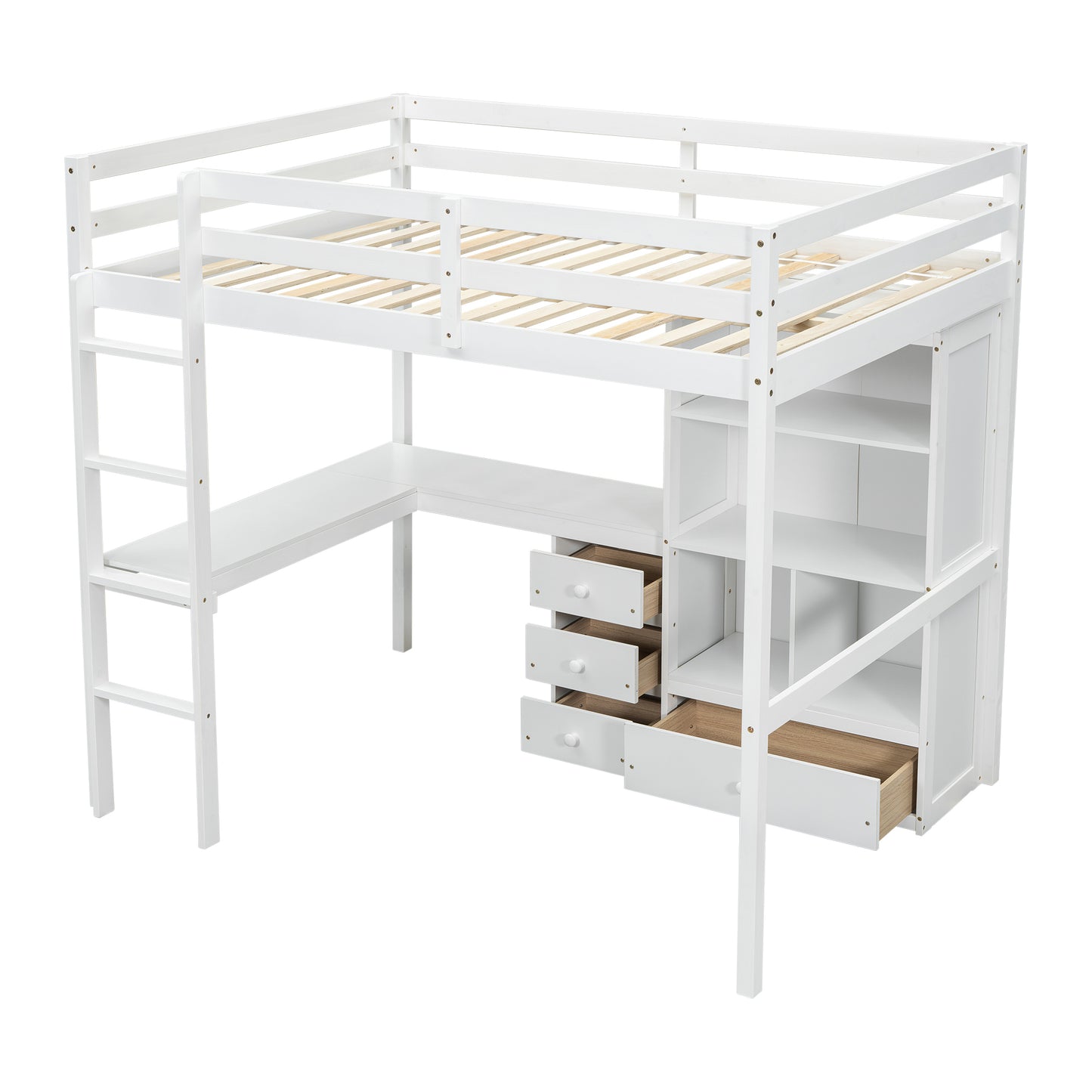 Full Size Loft Wood Bed with Desk, Storage shelves and Drawers, Built-in Ladder, High Loft Bed with Desk, Storage Shelves and Drawers,Guardrails,White