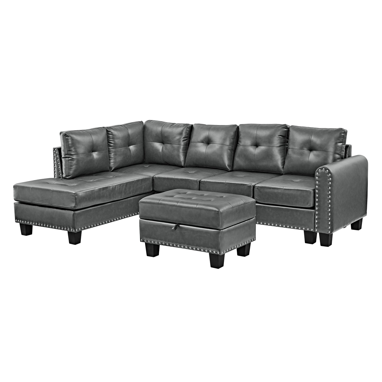 [SantaChoice] Sectional 3-Seaters Sofa , reversible recliner, Storage pad and wood grain cup holder, Non-slip leg, pu, grey