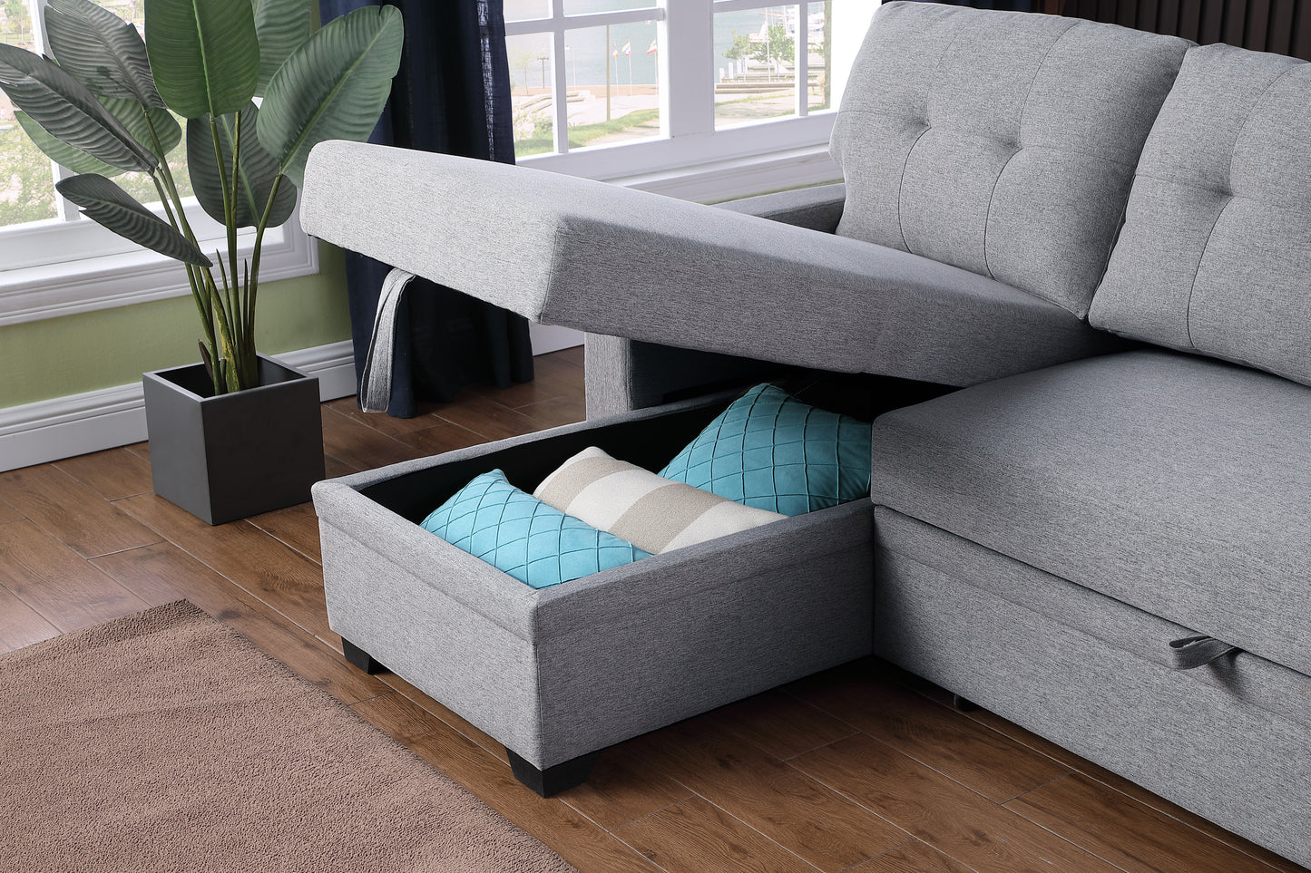 [SantaChoice] Upholstered Pull out Sectional Sofa with Chaise