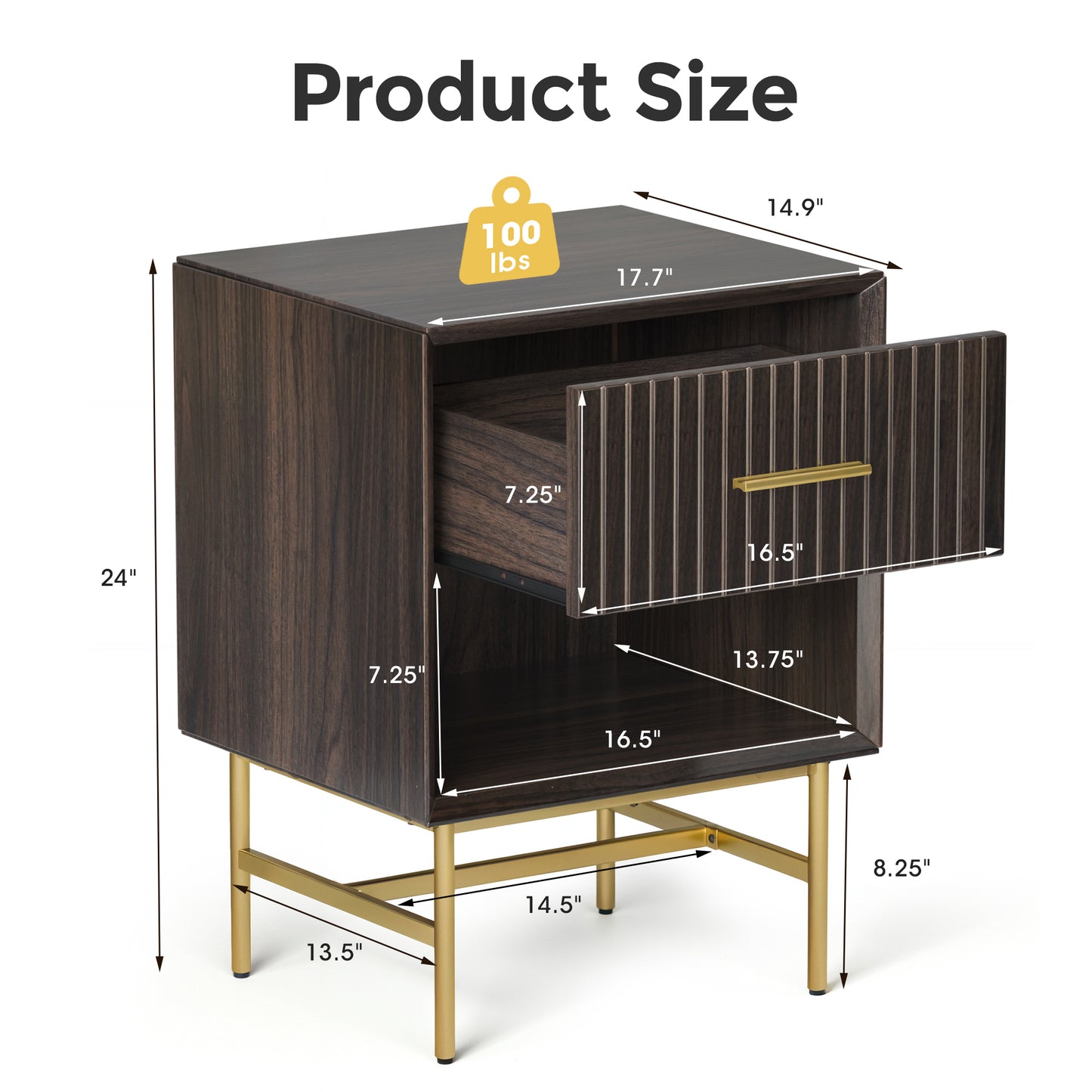 Nightstand, Modern Grooved Stripes Bed Side Table with a Drawer,Wood End Table with Golden Metal Handle and Metal Legs-1 Pieces