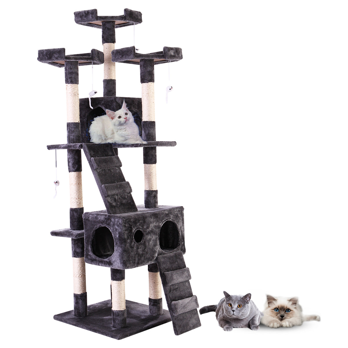 67'' Multi-Level Cat Tree Tower, Kitten Condo House with Scratching Posts, Kitty Play Activity Center, Gray