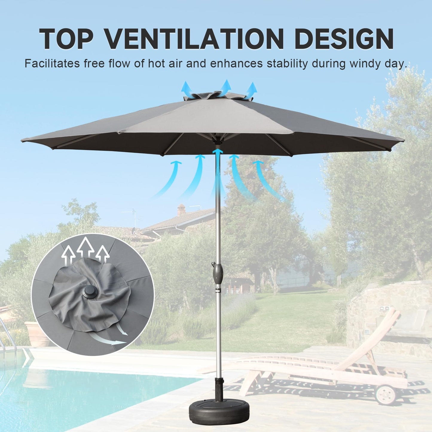 [SantaChoice] 9FT Patio Umbrella, Outdoor Table Umbrella with Push Button Tilt and Crank, UV Protection Waterproof Market Sun Umbrella with 8 Sturdy Ribs for Garden, Deck, Backyard, Pool (Gray)