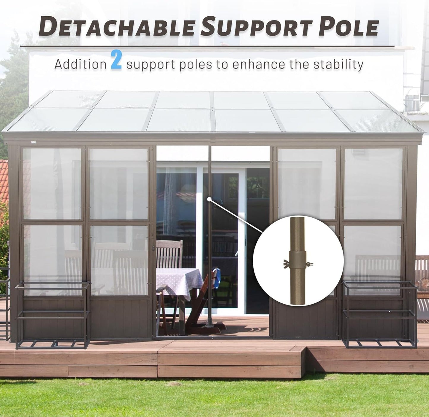 12x14FT All Season Sunroom, Outdoor Permanent Wall Mounted Solarium with Detachable Polycarbonate Windows, Aluminum Lean to Gazebo Sun Room with 2 Lockable Sliding Doors for Garden Patio Deck