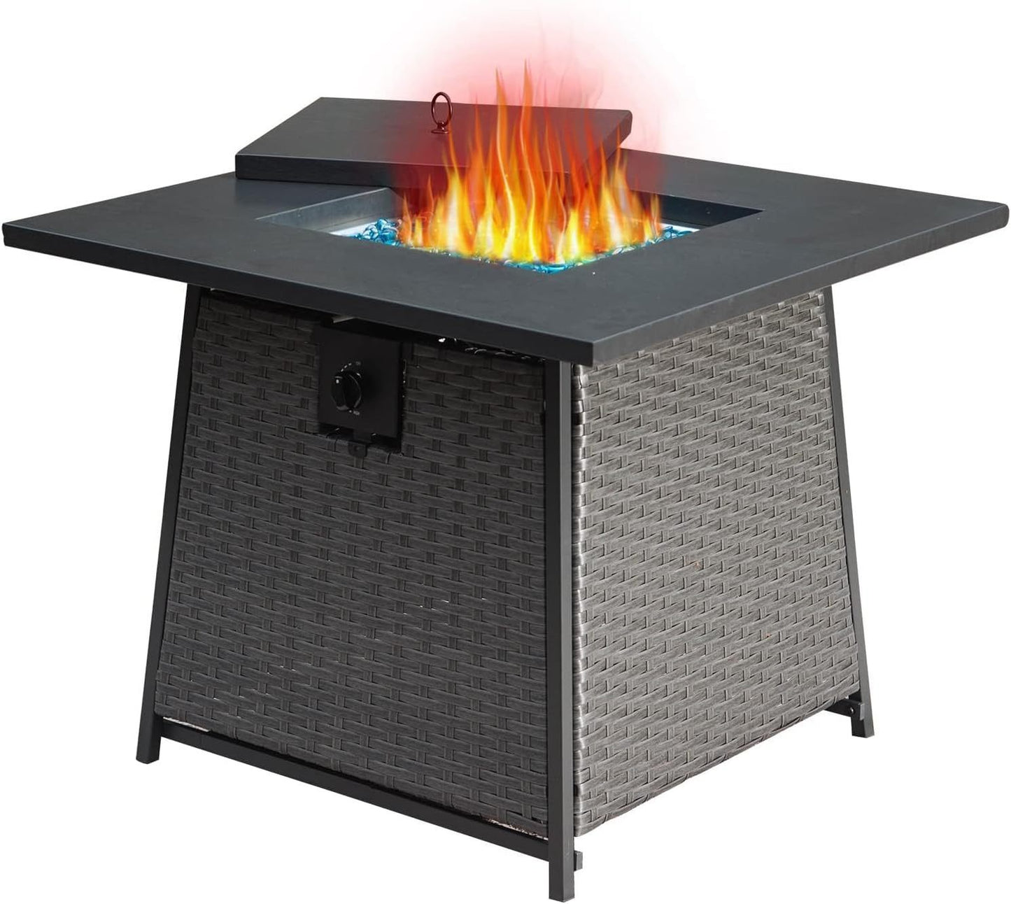 32 Inch Propane Fire Pits Table with Blue Glass Ball,50,000 BTU Outdoor Wicker Fire Table with ETL-Certified,2-in-1 Square Steel Gas Firepits (Dark Gray)