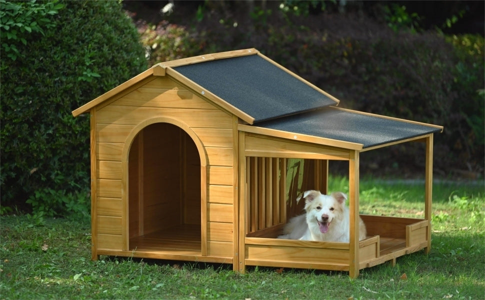 60.2" Large Wooden Dog House with Porch, Cabin Style Dog Crate with Asphalt Roof and Elevated Floor, Dog Kennel with Side Window and Doors, Perfect for Medium & Large Dogs, Nature